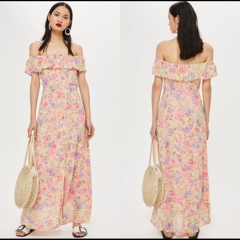 TOPSHOP Floral Print Bardot Maxi Dress Size 6 Retail Price $95